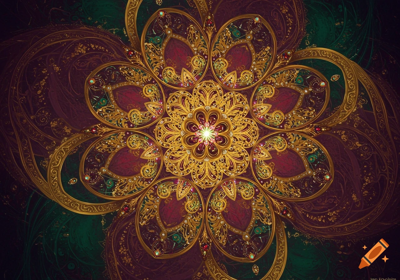 Intricate gold, red, and green mandala-like pattern adorned with small gems, in an opulent Indian art style.