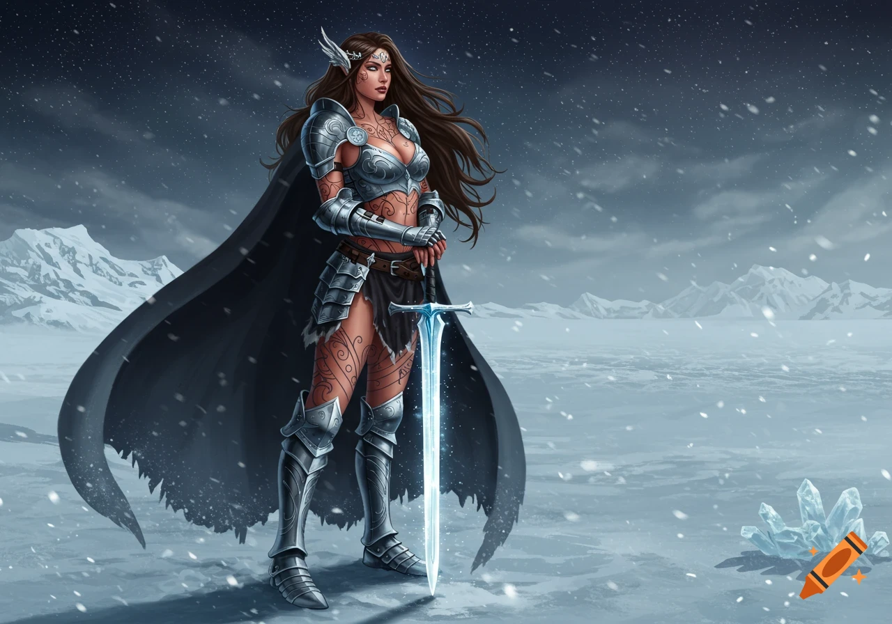 A stunning female warrior with brown hair, tattoos, silver armor, and a black cape stands with a glowing sword in a snowy landscape.