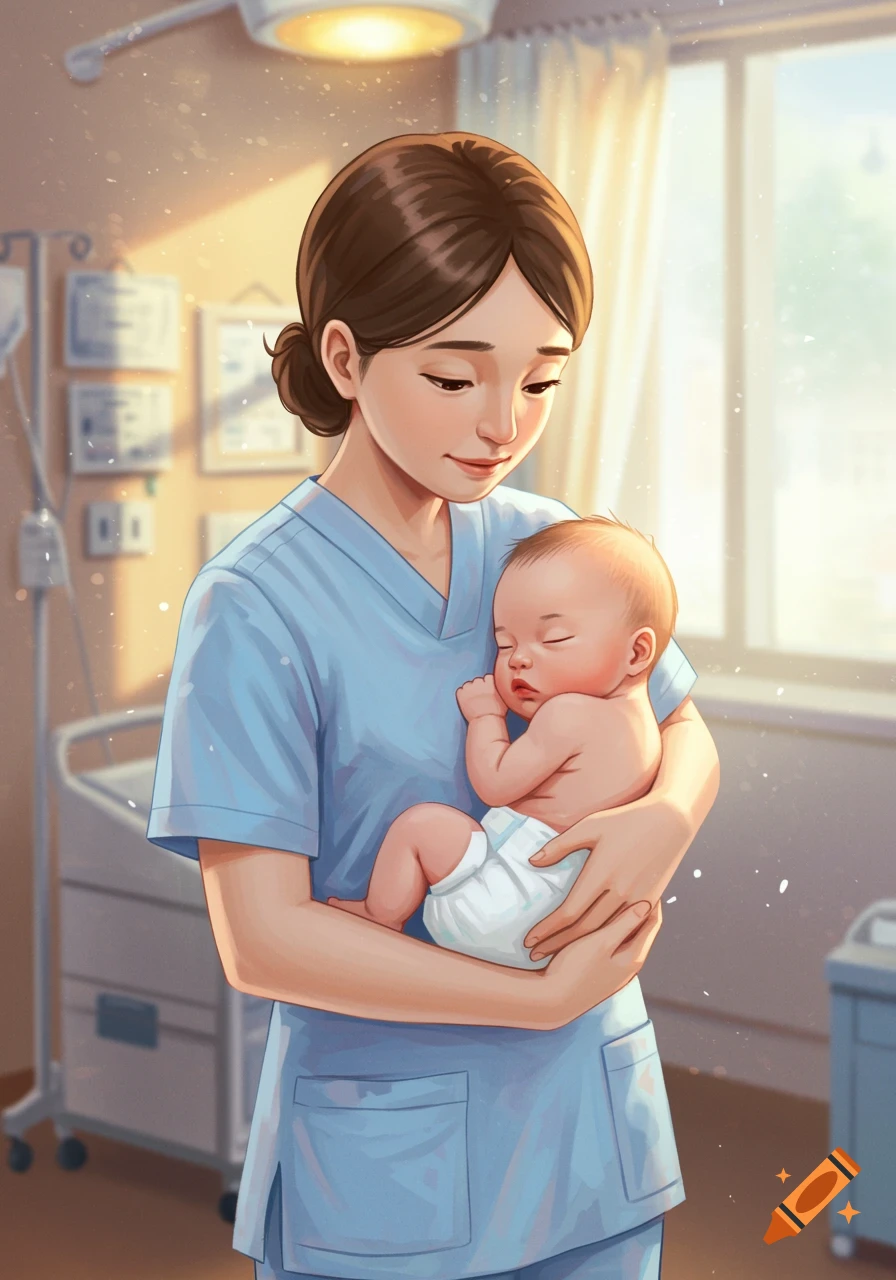 An illustration of a nurse in blue scrubs gently holding a sleeping baby in a bright hospital room.
