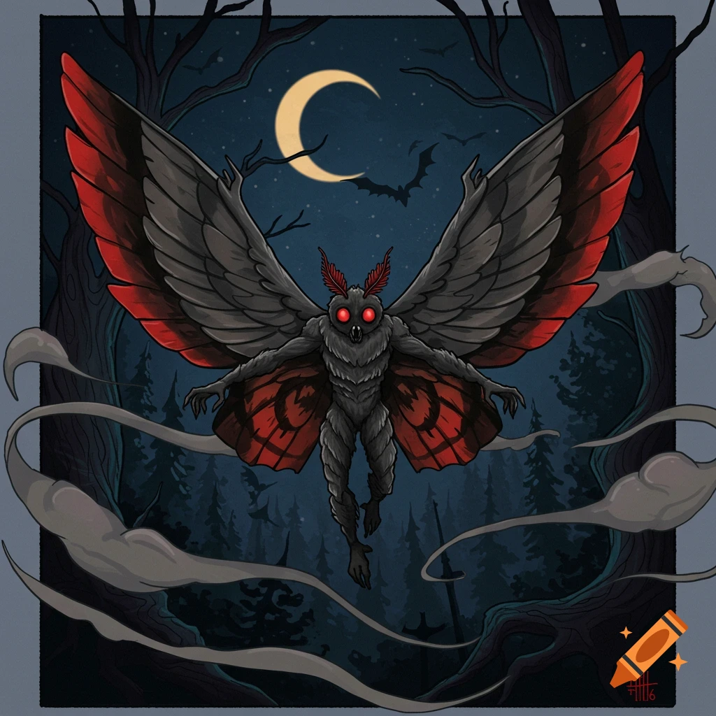A neo-traditional illustration of Mothman with red eyes and large grey and red wings flying through a dark forest at night with a crescent moon.
