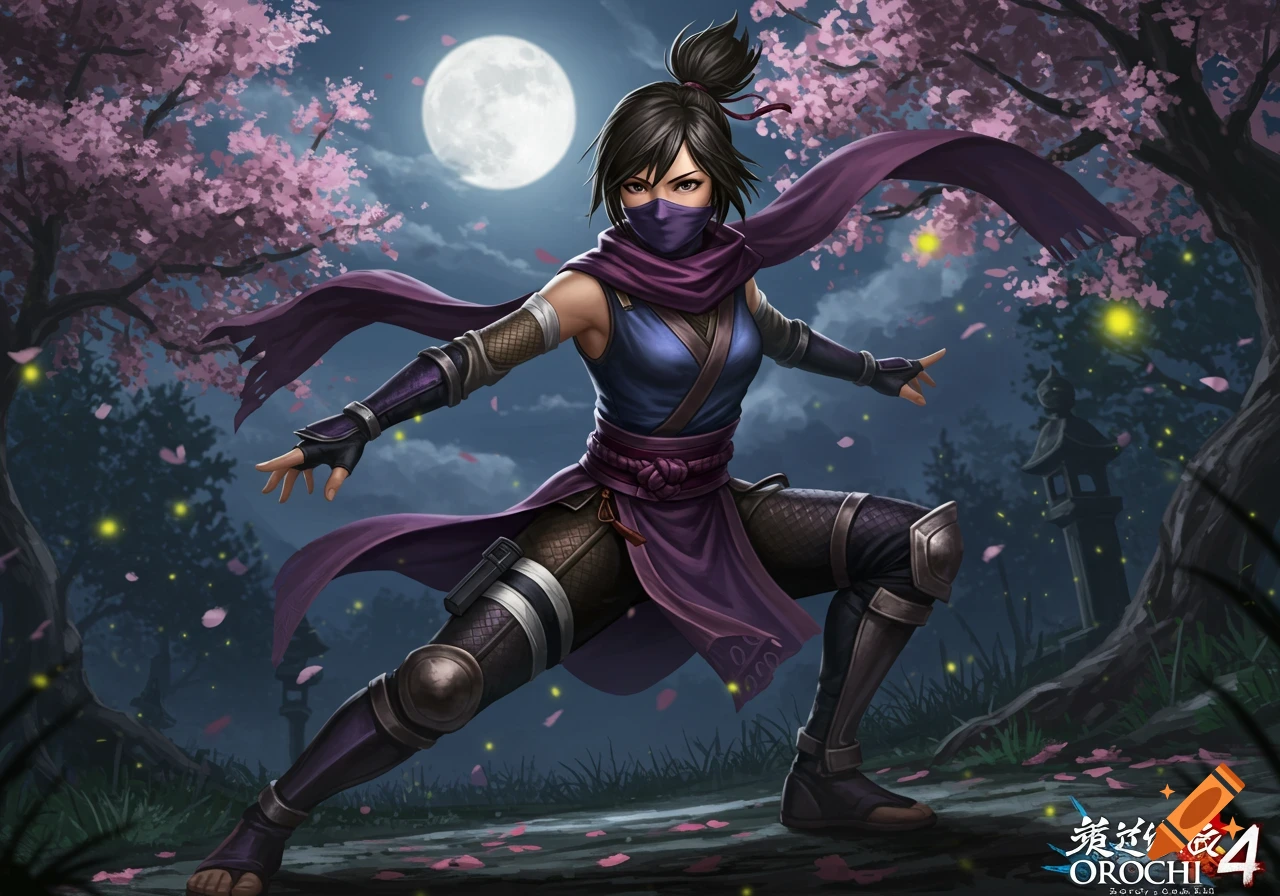 A female ninja with a purple scarf and dark outfit in a crouched stance under a full moon and pink cherry blossom trees at night.