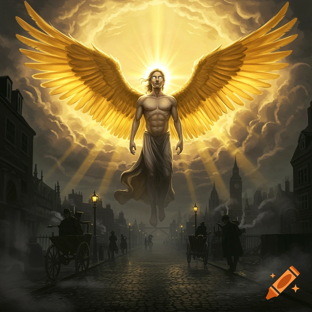An archangel with large golden wings and glowing eyes floats above a dark, gritty London street, illuminated by golden light from above.