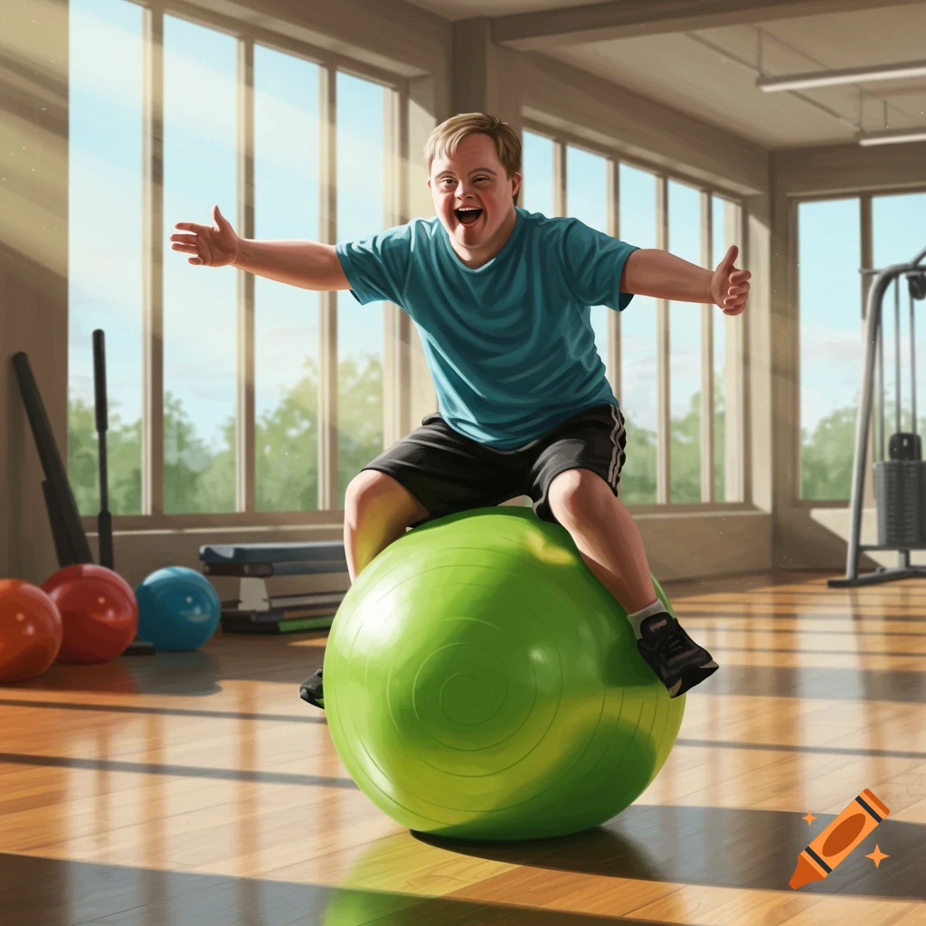 A man with Down Syndrome joyfully sits on a green exercise ball in a bright gym, arms outstretched.