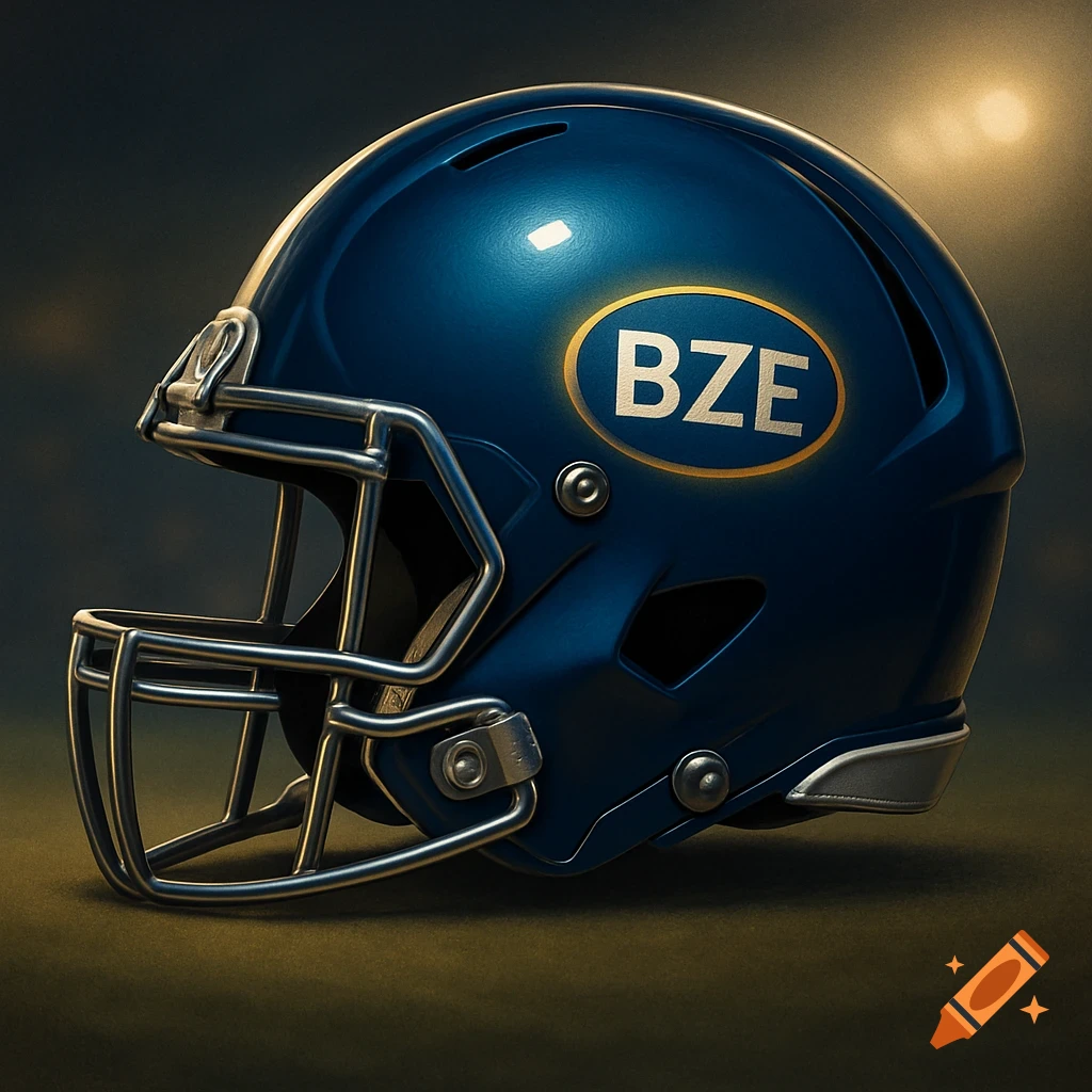 A side angle of a blue football helmet with a gold oval logo containing the letters BZE, set against a blurry stadium background.