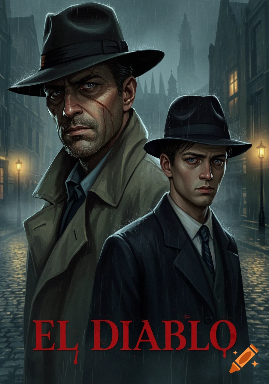Illustration of two detectives in trench coats and fedoras on a rainy London street, with "EL DIABLO" text at the bottom.