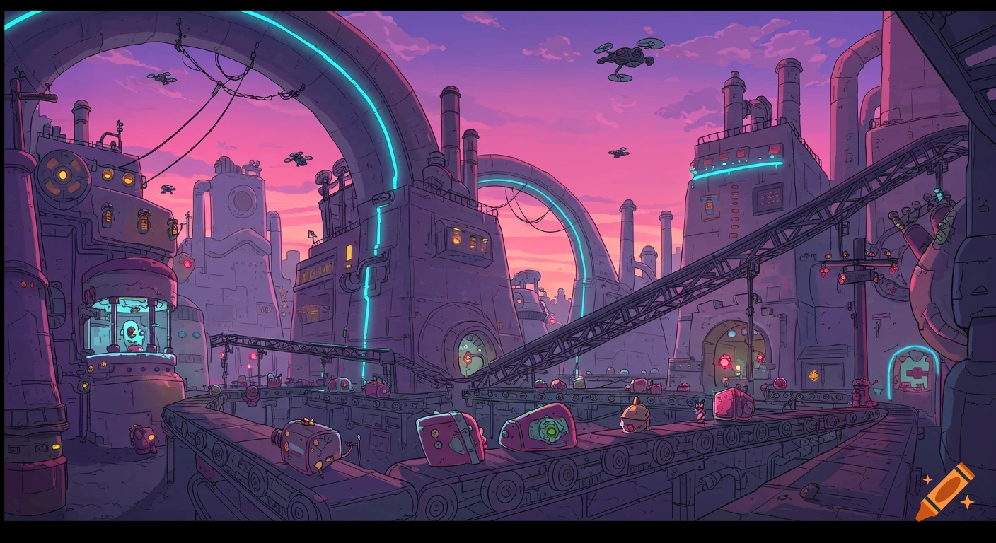 A wide shot of a futuristic cartoon factory with neon blue lighting, conveyor belts carrying strange objects, and drones flying under a pink and purple sky.