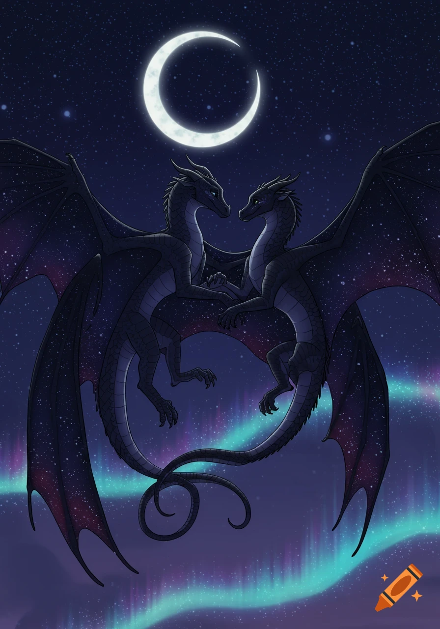 Two dark fantasy dragons face each other under a crescent moon and starry night sky with aurora borealis.