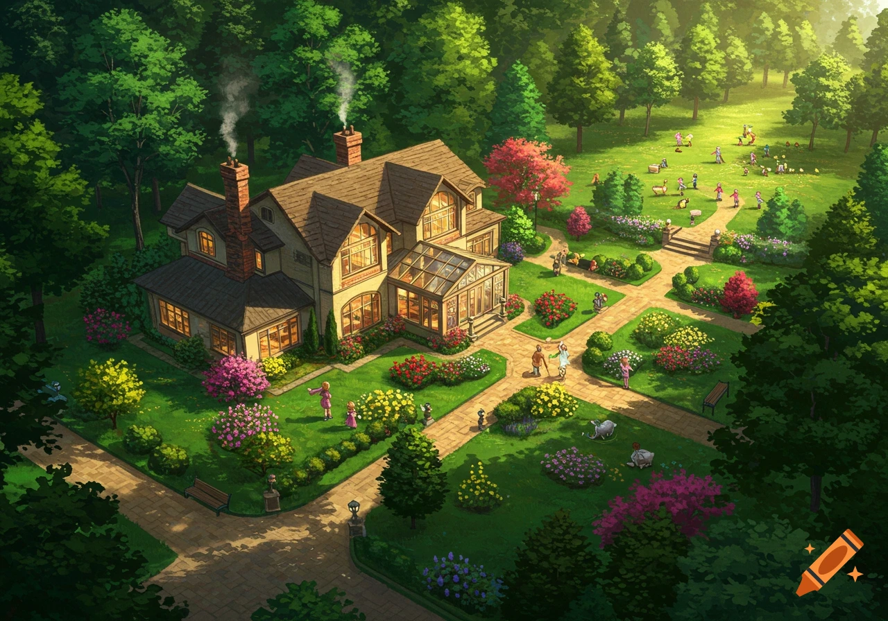 An aerial illustration of a large house with a conservatory, surrounded by a vibrant green garden with colorful flowers and trees, where children are playing.