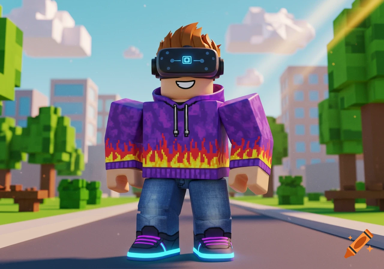 A 3D rendered Roblox player in a purple flaming hoodie, jeans, and glowing shoes, wearing a VR headset, standing on a city street.