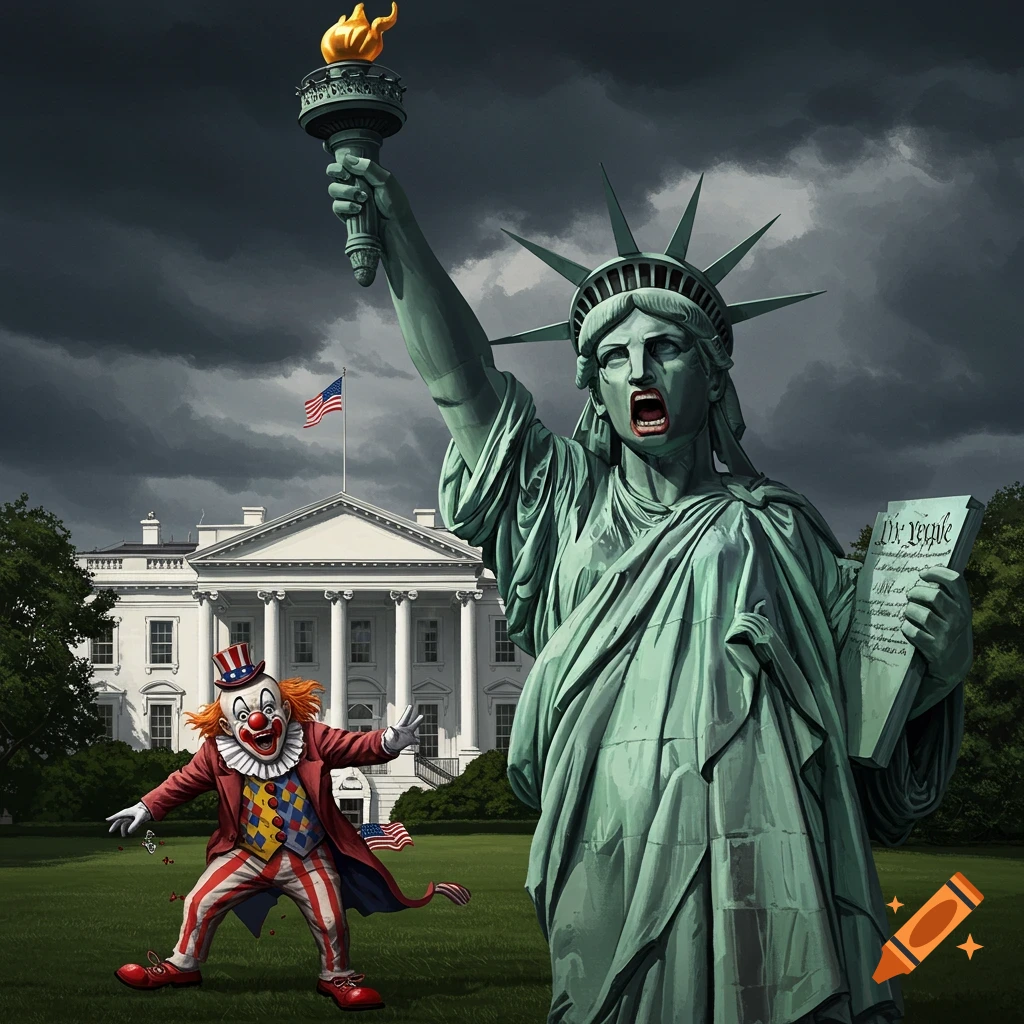 A screaming Statue of Liberty holds a tablet, with a clown in a suit and patriotic hat in front of the White House under stormy skies.
