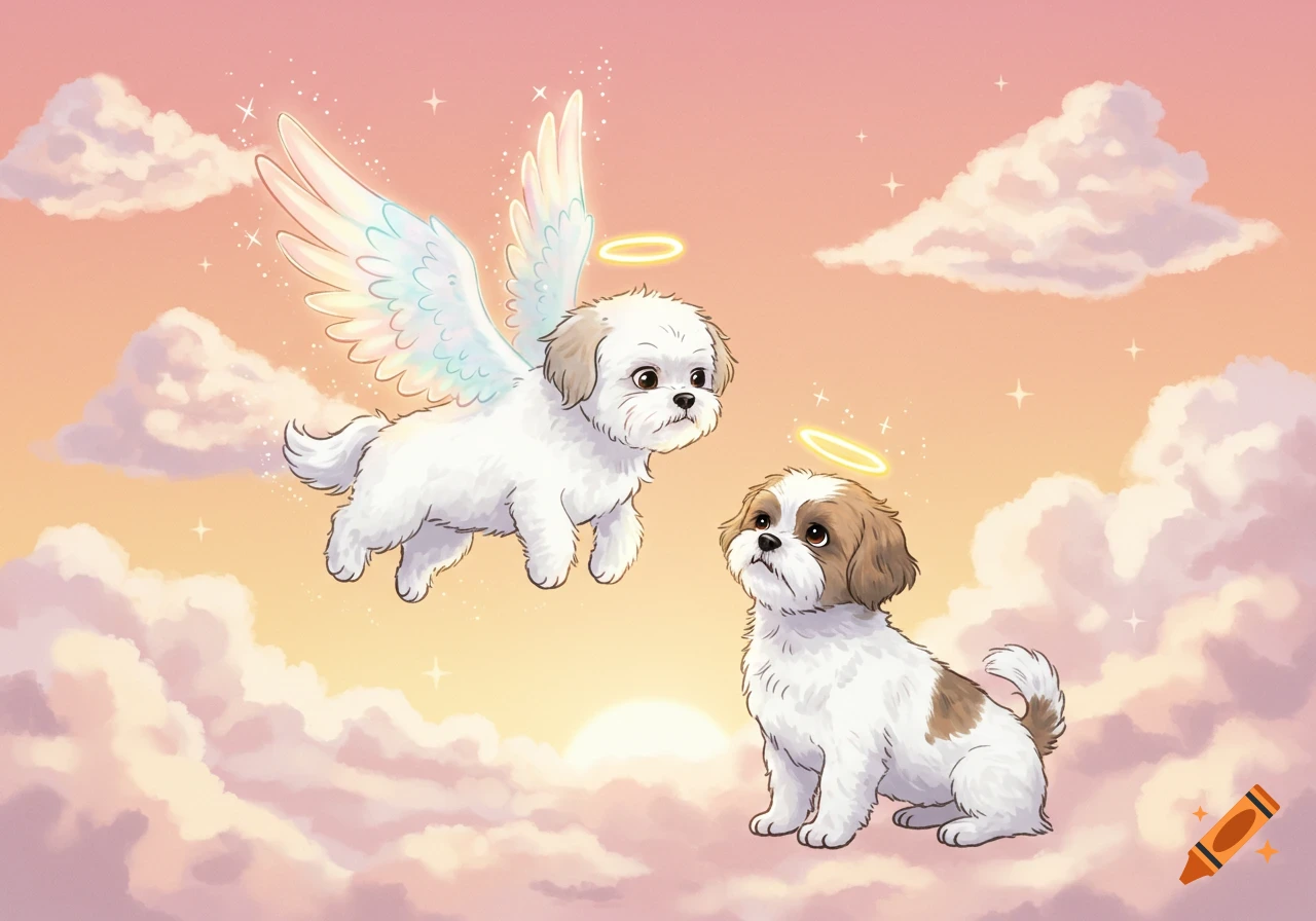 A cartoon Shih Tzu angel dog with rainbow wings floats above another Shih Tzu dog sitting on pastel clouds at sunset.