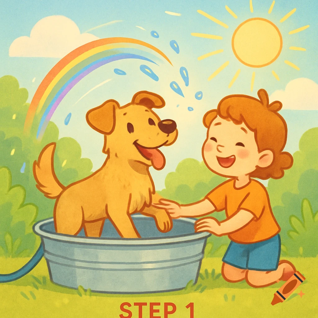 Cartoon illustration of a happy child washing a golden retriever dog in a tub outdoors under a rainbow and sun, with text 'STEP 1'.