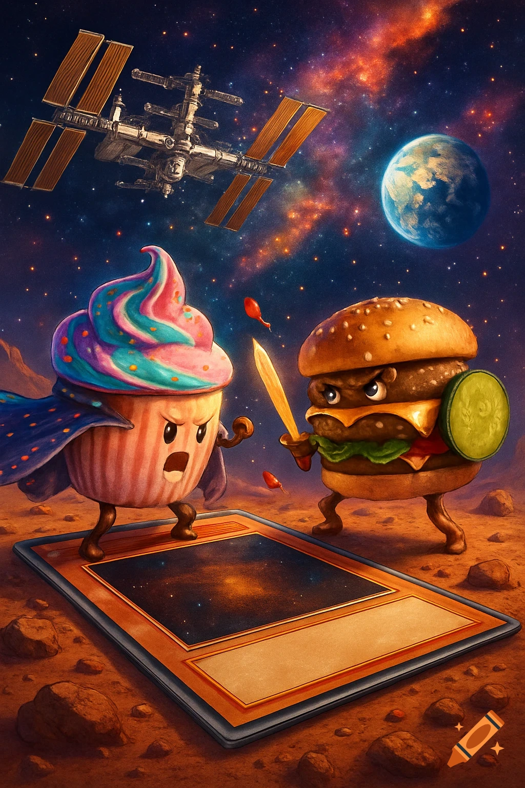 A cartoon cupcake with a cape and a hamburger with a sword and shield battling on Mars, with the ISS and Earth in the background, standing on a game card.
