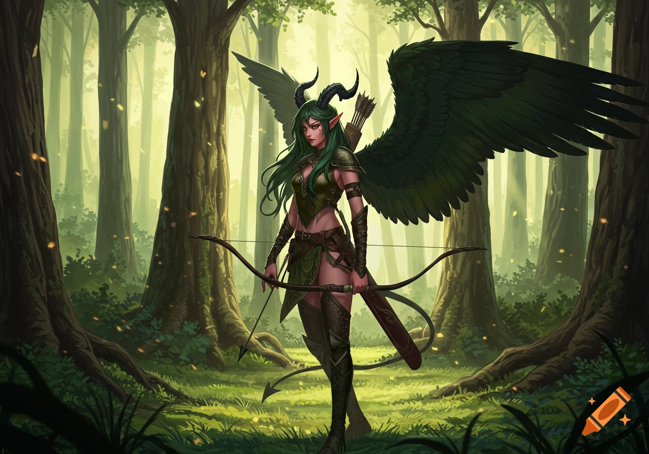 An anime-style fantasy elf woman with green hair, horns, and dark wings stands in a sunlit forest, holding a bow.