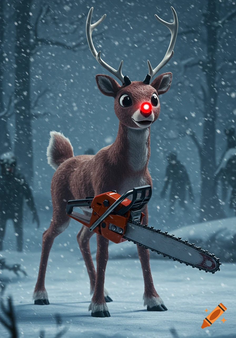 Rudolph the Red-Nosed Reindeer holding a chainsaw in a snowy forest with blurry zombie figures in the background.