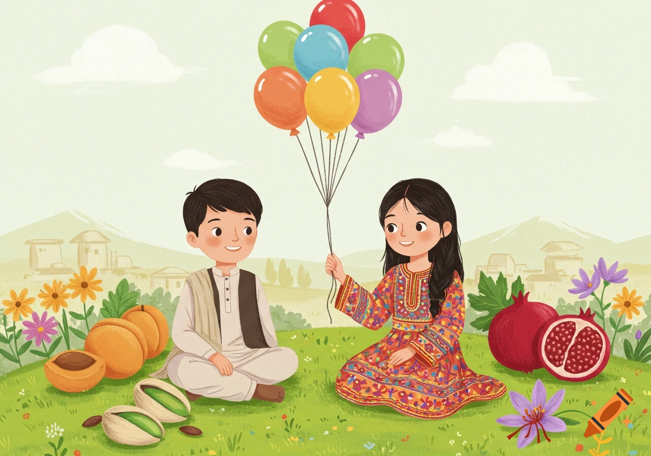 A soft pastel storybook illustration of an Afghan boy and girl sitting on grass with balloons, fruits, and flowers, with village houses and mountains in the background.