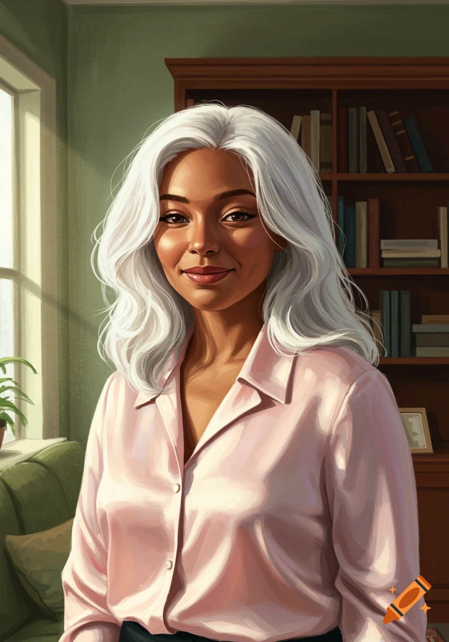 A smiling woman with white hair wearing a pink silk blouse stands in a sunlit room with a window and a bookshelf.