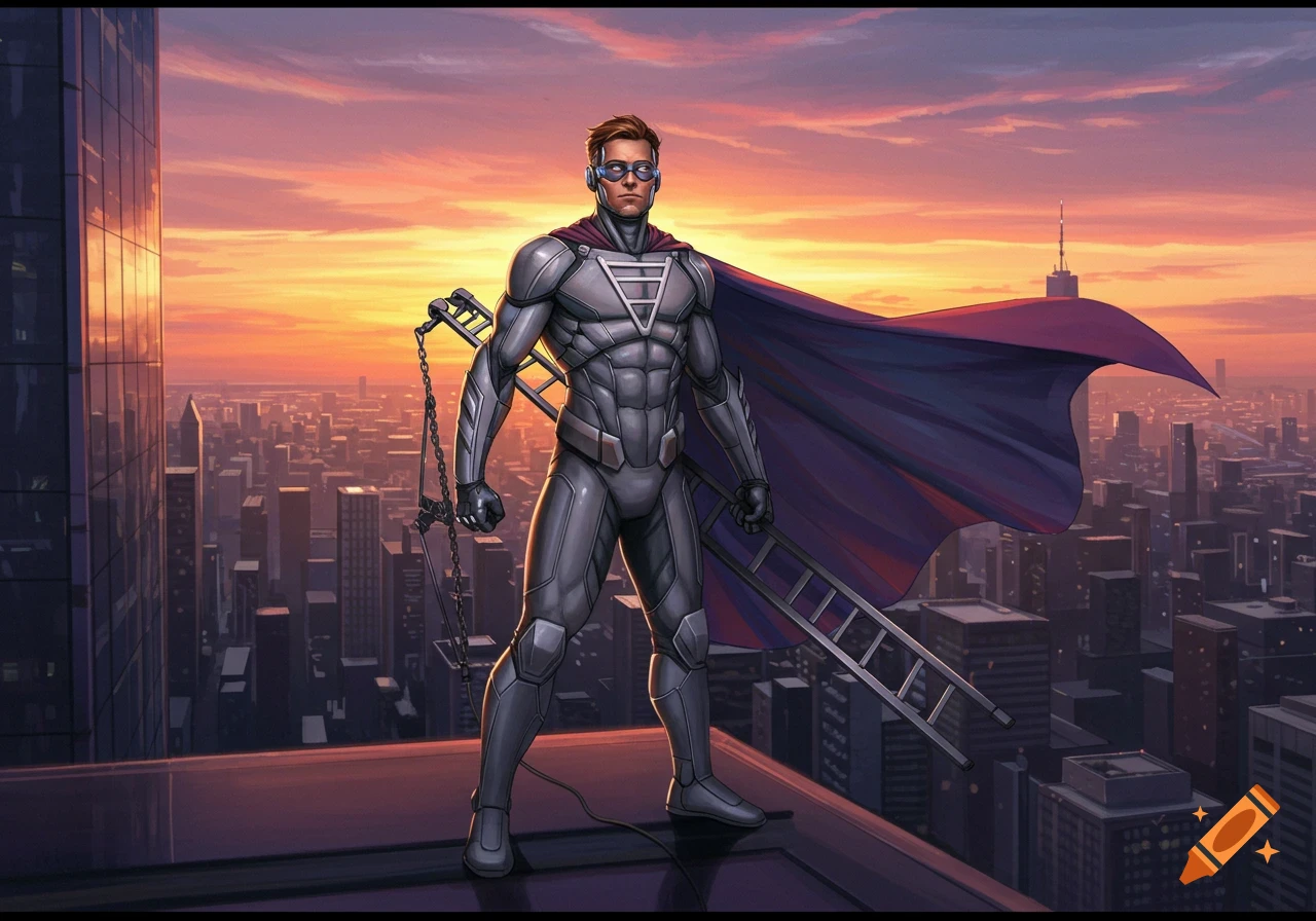 A male superhero in a gray suit and purple cape stands on a skyscraper overlooking a city at sunset.