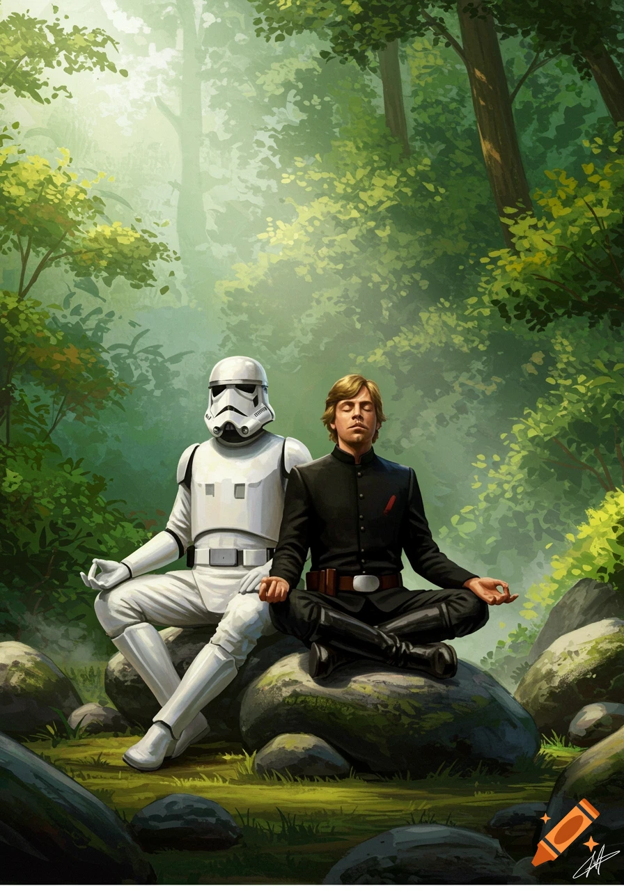 Luke Skywalker and a Stormtrooper sit cross-legged on rocks, meditating in a lush, misty forest, in a digital painting.
