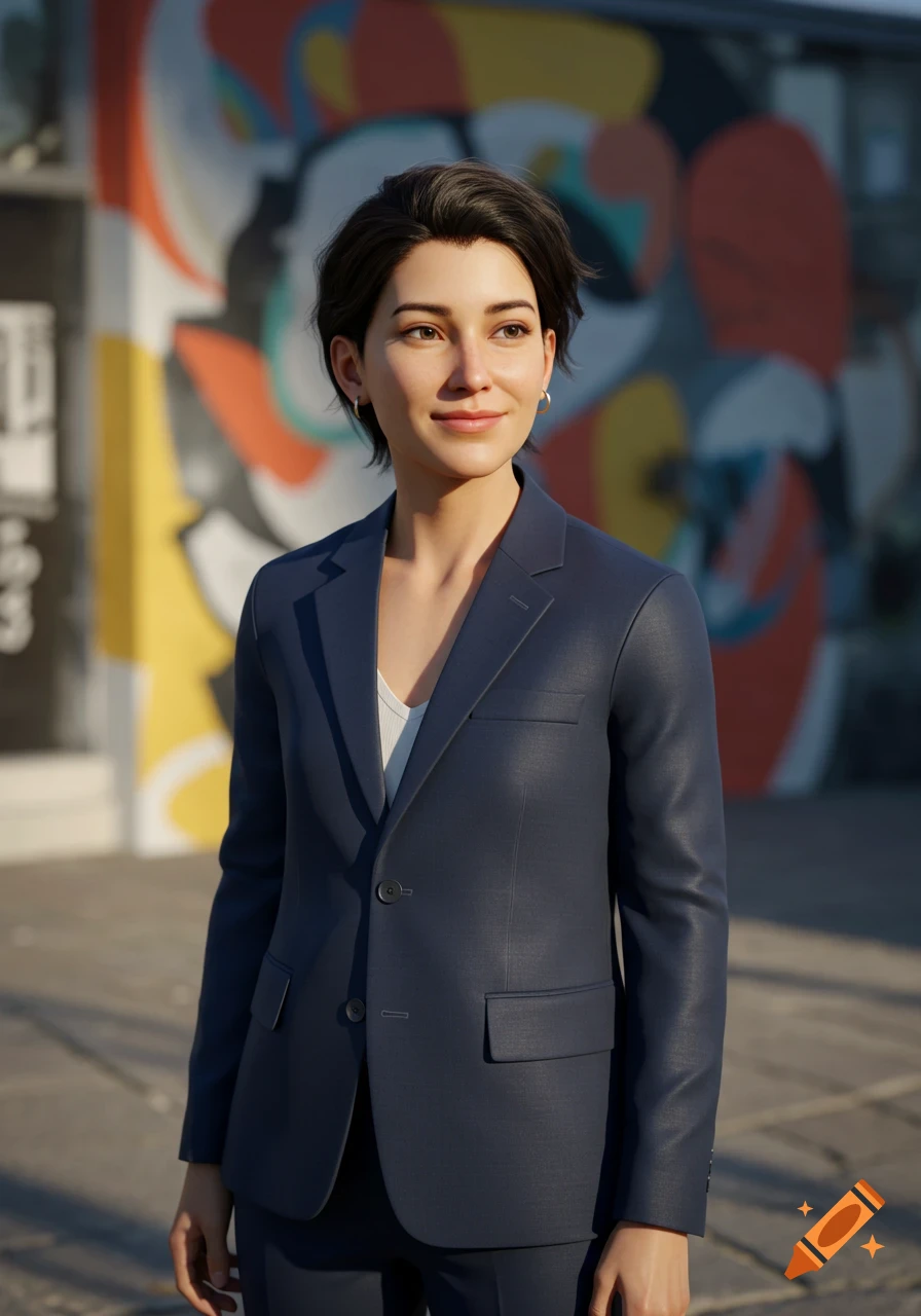 Photorealistic portrait of a smiling woman with short dark hair in a navy suit, standing outdoors against a colorful mural.