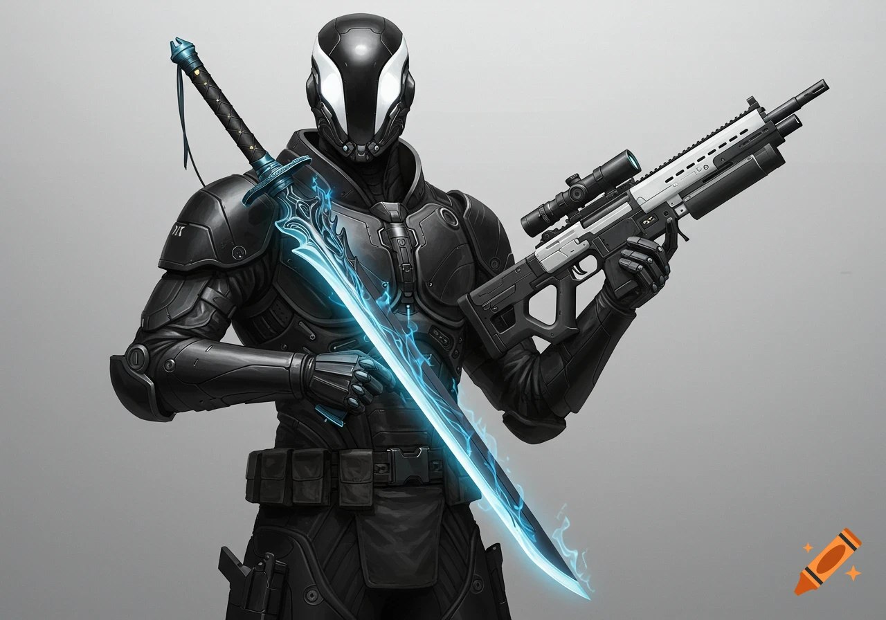 A futuristic soldier in matte black and white armor holds a glowing blue sword and a rifle with a scope.