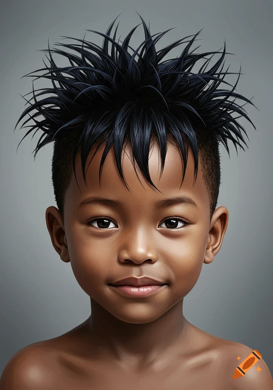 A portrait of a young boy with dark skin, short black spiky hair, and shaved sides, smiling subtly.