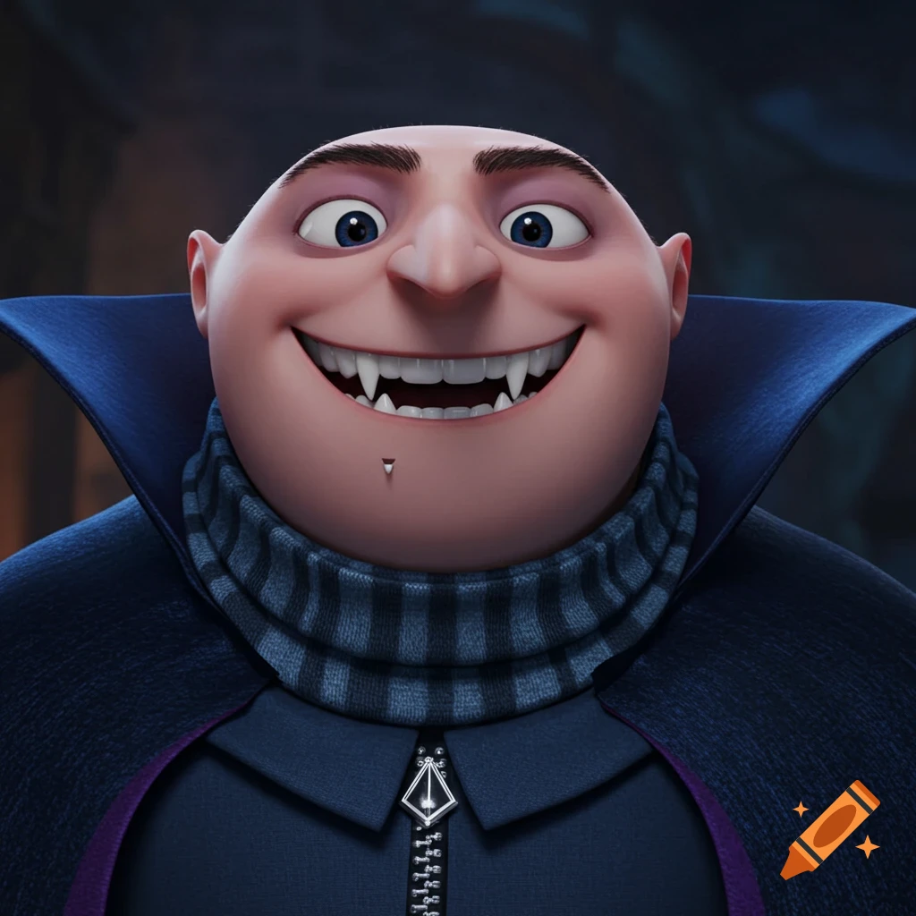 Close-up of animated character Gru smiling mischievously with vampire fangs, wearing a dark blue cape and striped turtleneck, with a piercing below his lip.