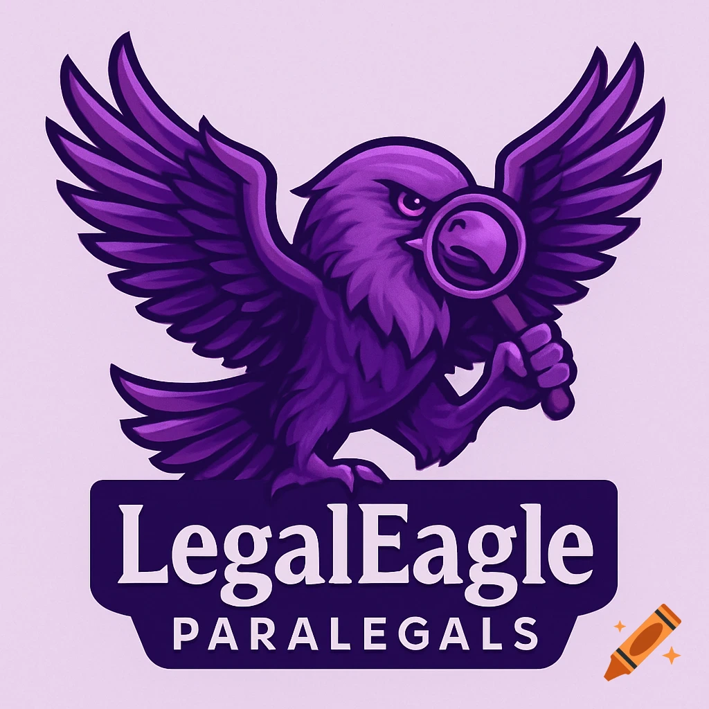 A purple eagle mascot holding a magnifying glass, standing on a banner that reads 'LegalEagle PARALEGALS' in a stylized logo design.