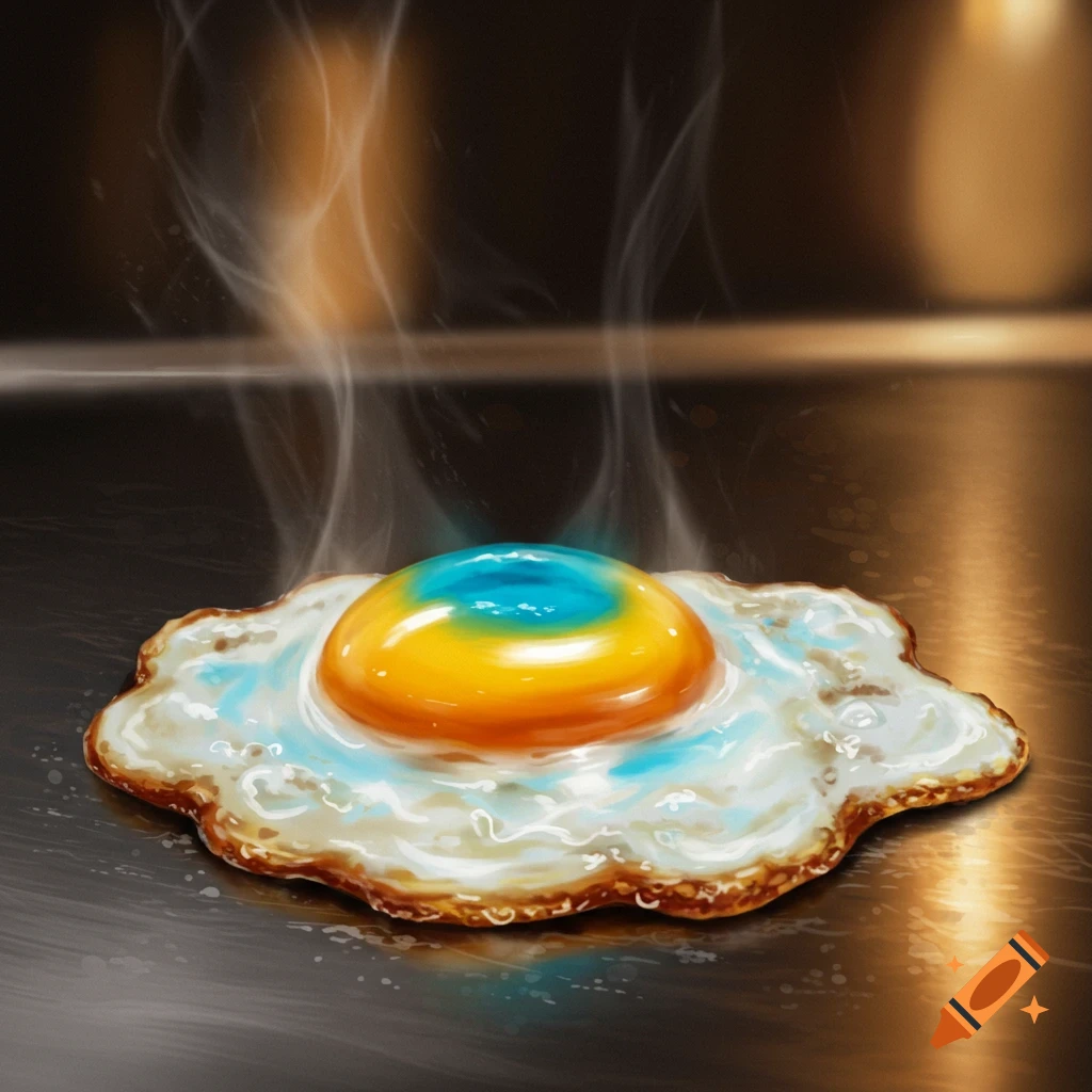 A digital illustration of a fried egg with a blue and yellow yolk sizzling on a dark surface, with steam rising.
