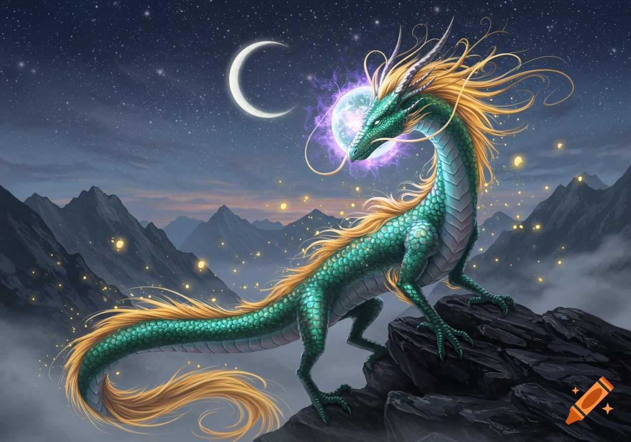 A vibrant green dragon with a golden mane and a glowing magical orb as its head stands on a rocky mountain under a starry night sky with a crescent moon.
