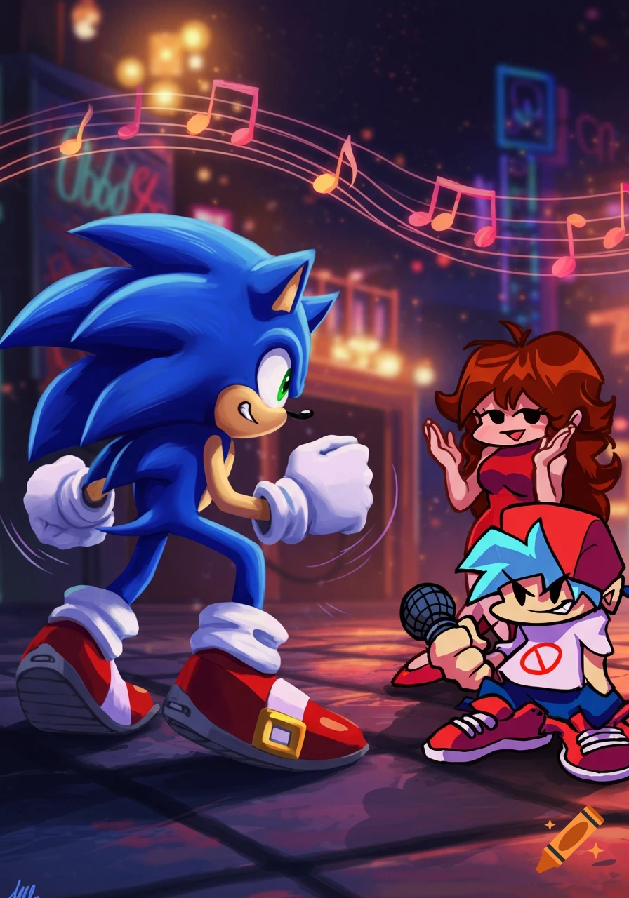 Sonic the Hedgehog faces off against Boyfriend and Girlfriend from Friday Night Funkin' in a neon-lit city street, with music notes floating above.