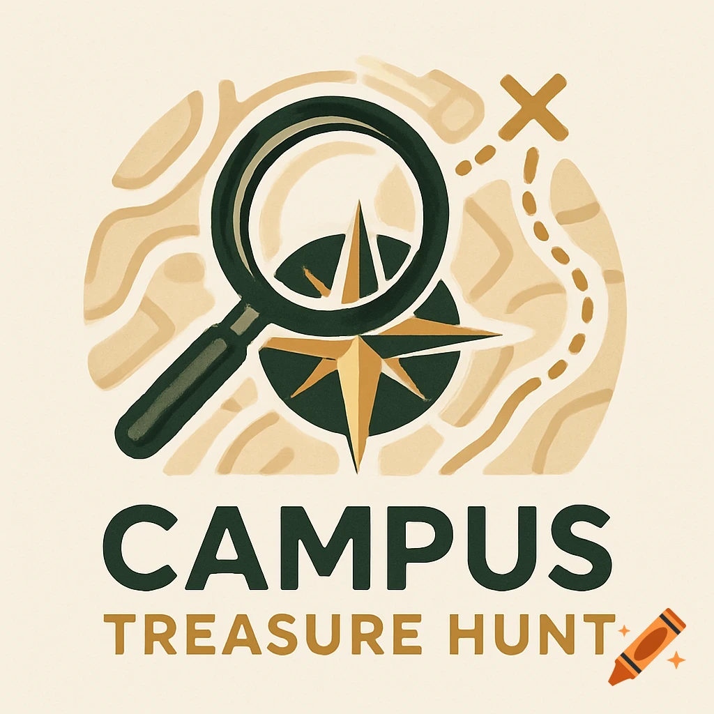 A logo for 'Campus Treasure Hunt' featuring a magnifying glass, compass rose, and an 'X' on a map background in green, gold, and beige.