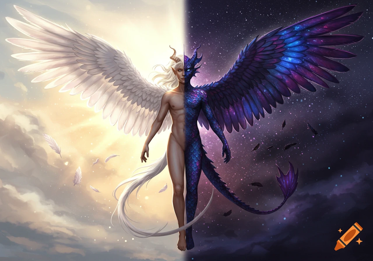 A fantasy humanoid, half human with white wings in a sunny sky, half dragon with blue scales and dark wings in a starry night.