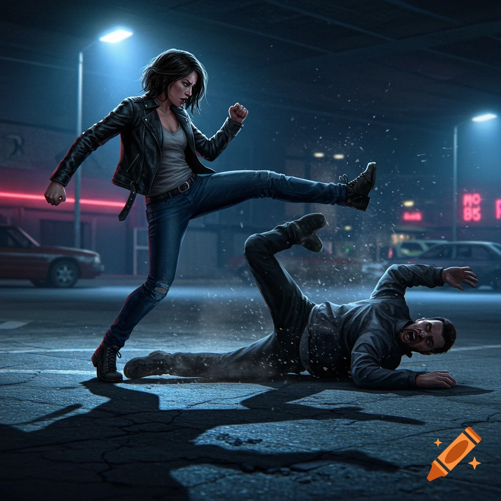 A woman in a leather jacket kicks a man who falls to the ground in a dimly lit urban parking lot at night, rendered in a realistic, illustrative style.