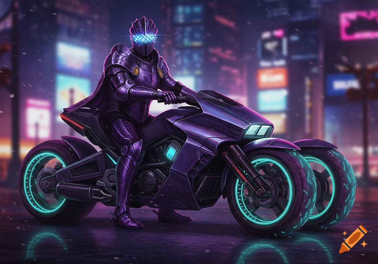A futuristic knight in purple armor and a cape, wearing glowing blue visor glasses, rides a three-wheeled motorcycle with glowing teal rims through a neon-lit city street at night.