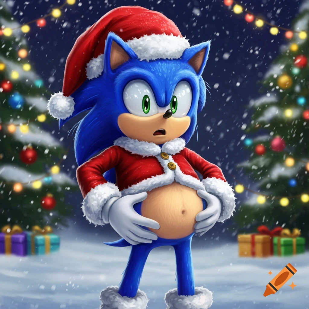 Sonic the Hedgehog wearing a Santa suit, clutching his swollen belly in a snowy Christmas scene with decorated trees.