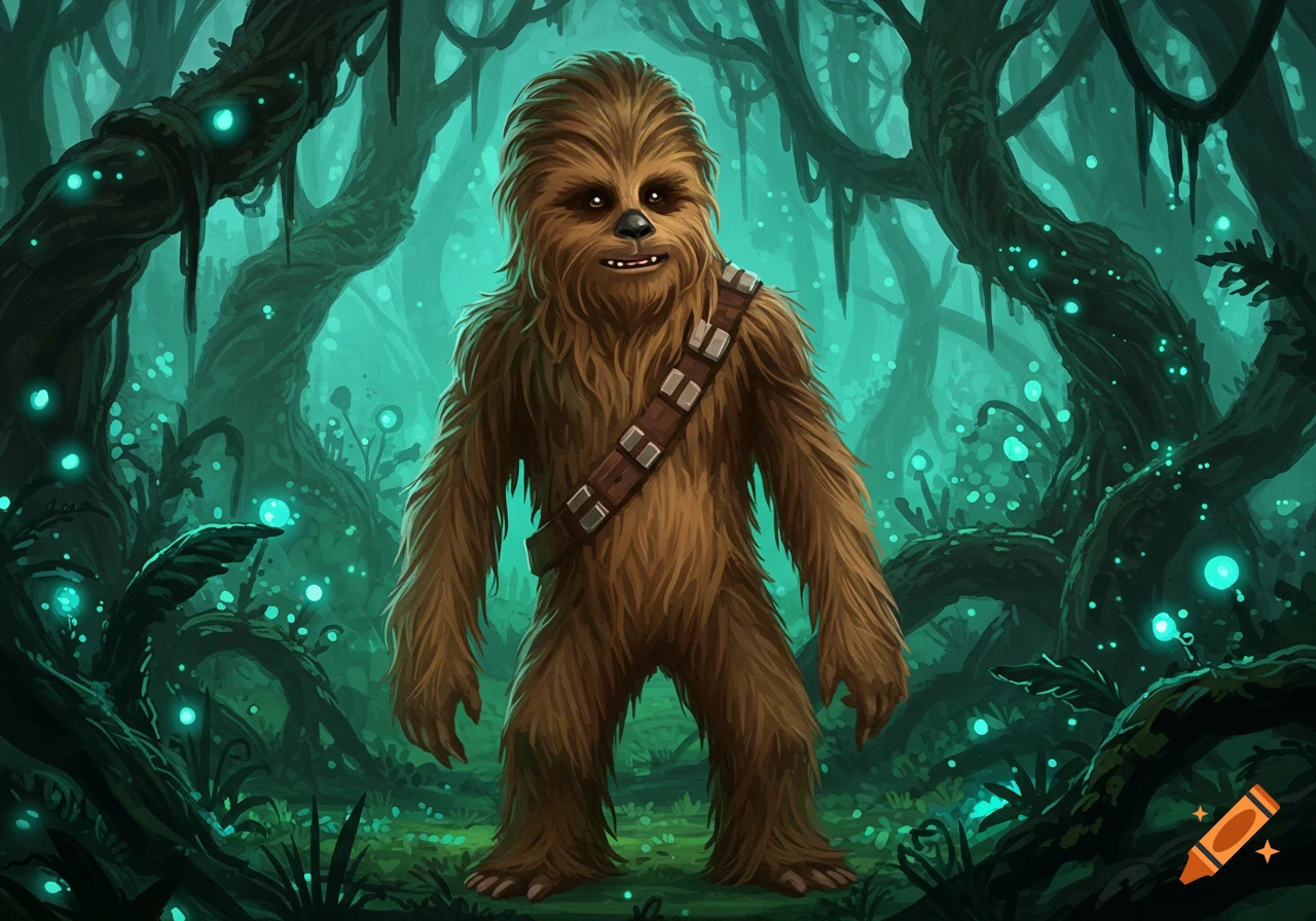 A furry wookie-like creature stands in a glowing, teal fantasy forest.