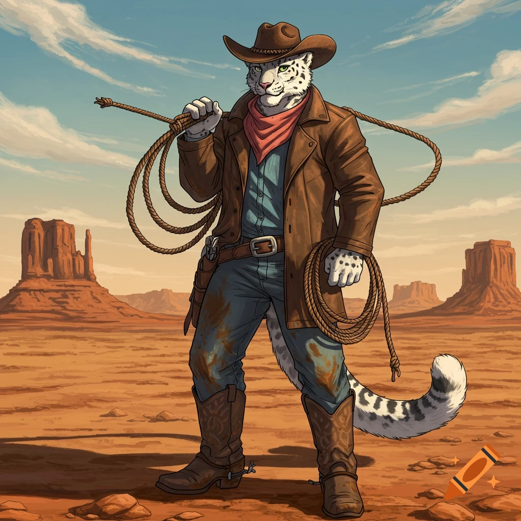 Anthro snow leopard cowboy holding a lasso in a desert landscape, digital art.