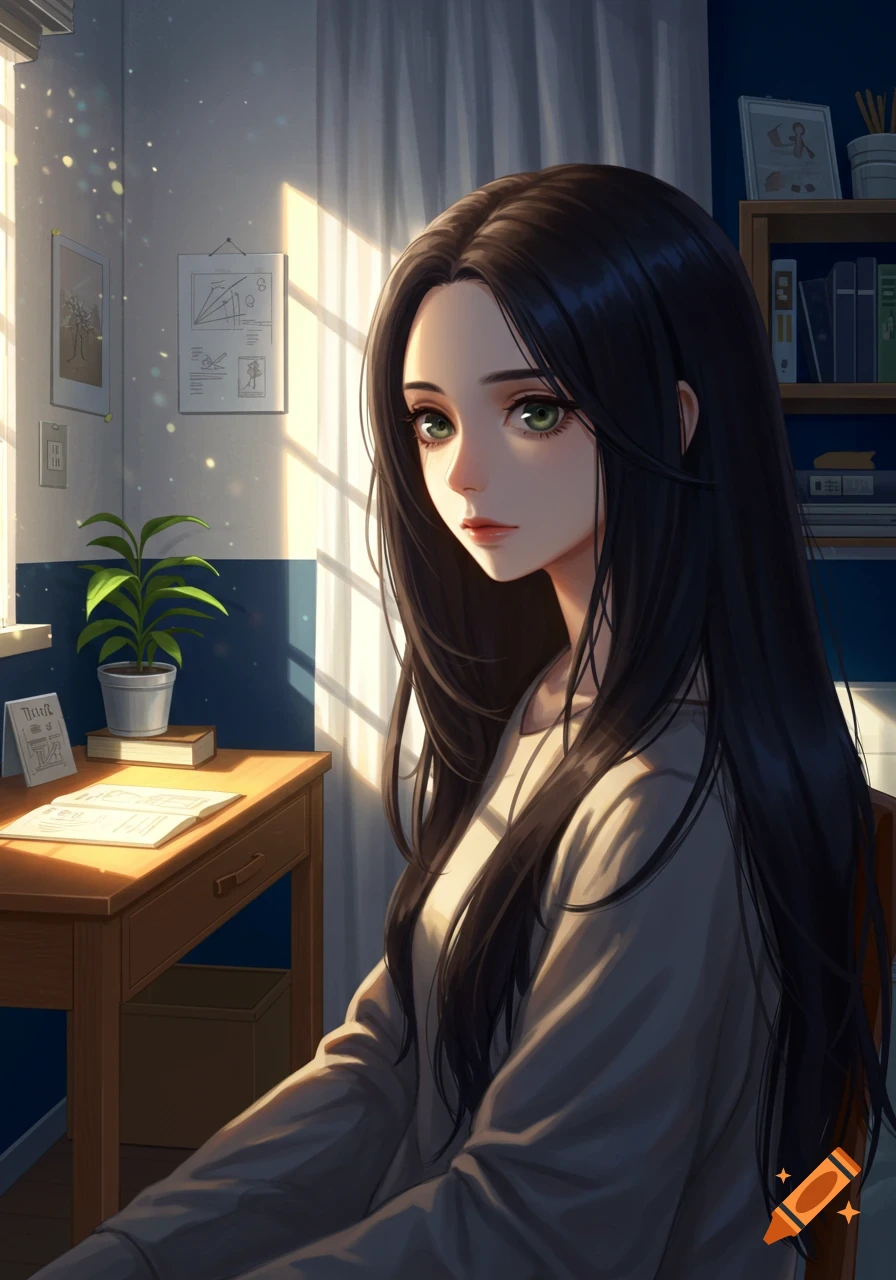An anime girl with long dark hair and green eyes sits at a wooden desk in a softly lit room with a plant and bookshelf.