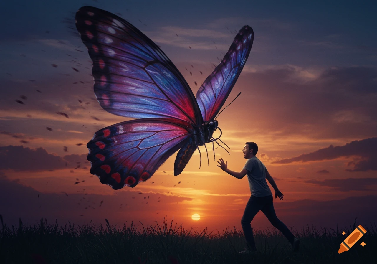 A man reacts with surprise as a giant purple and blue butterfly flies towards him at sunset in a grassy field.