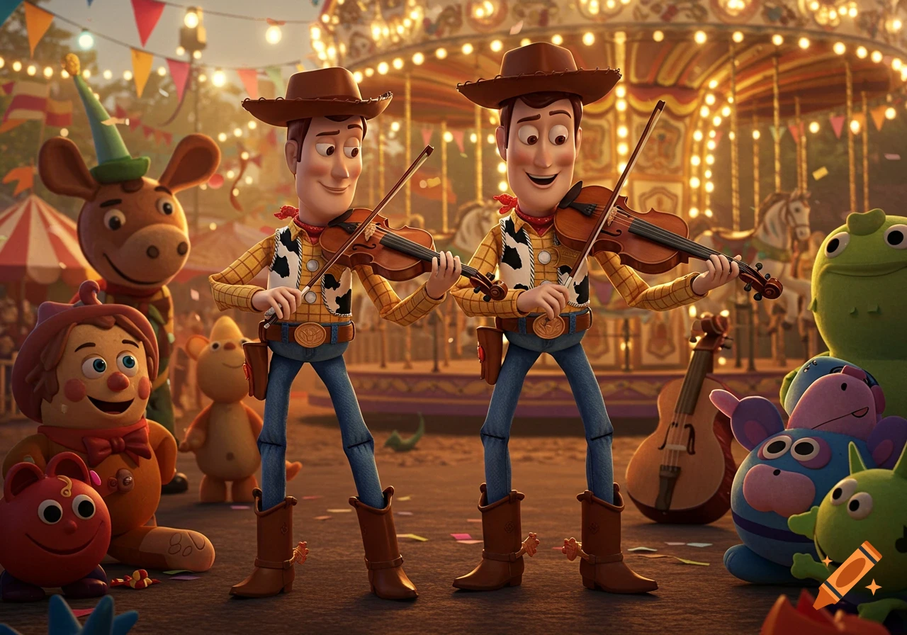 Two Woody characters from Toy Story playing violins at a lively carnival with other toys.
