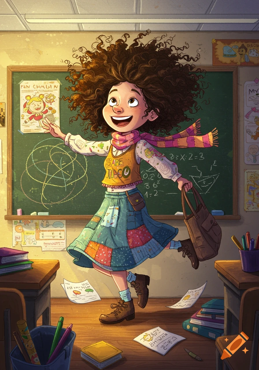 A smiling, curly-haired cartoon girl in a colorful outfit leaps playfully in a classroom filled with papers and a blackboard.
