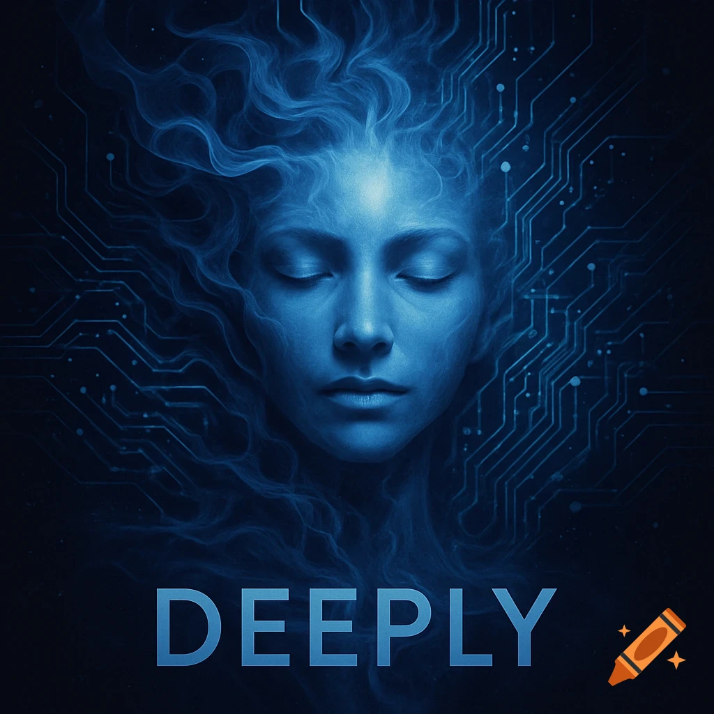 Blue, ethereal face with closed eyes and smoke-like hair blending into circuit board patterns, with 'DEEPLY' below.