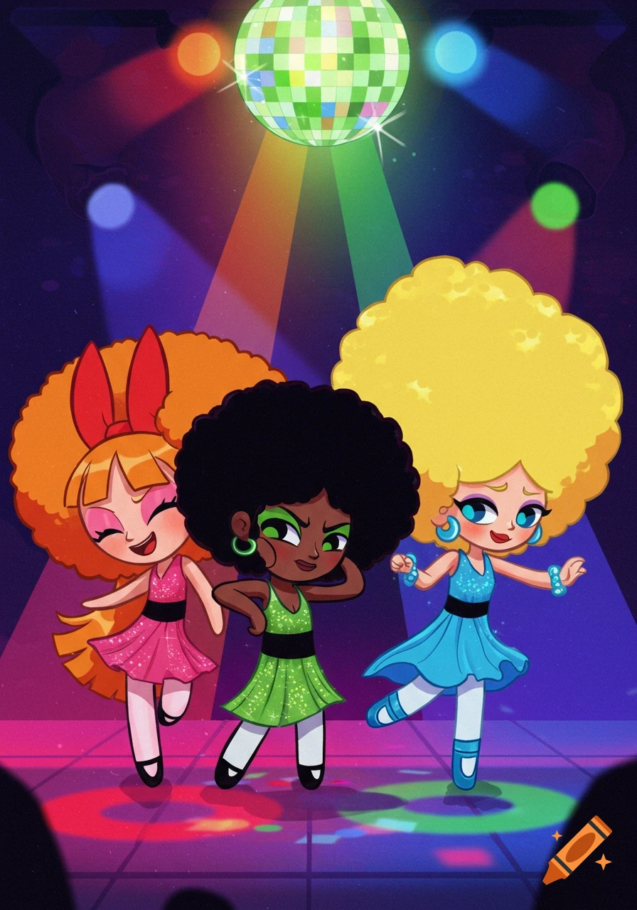 Three cartoon girls with afros dancing under a disco ball with colorful lights.