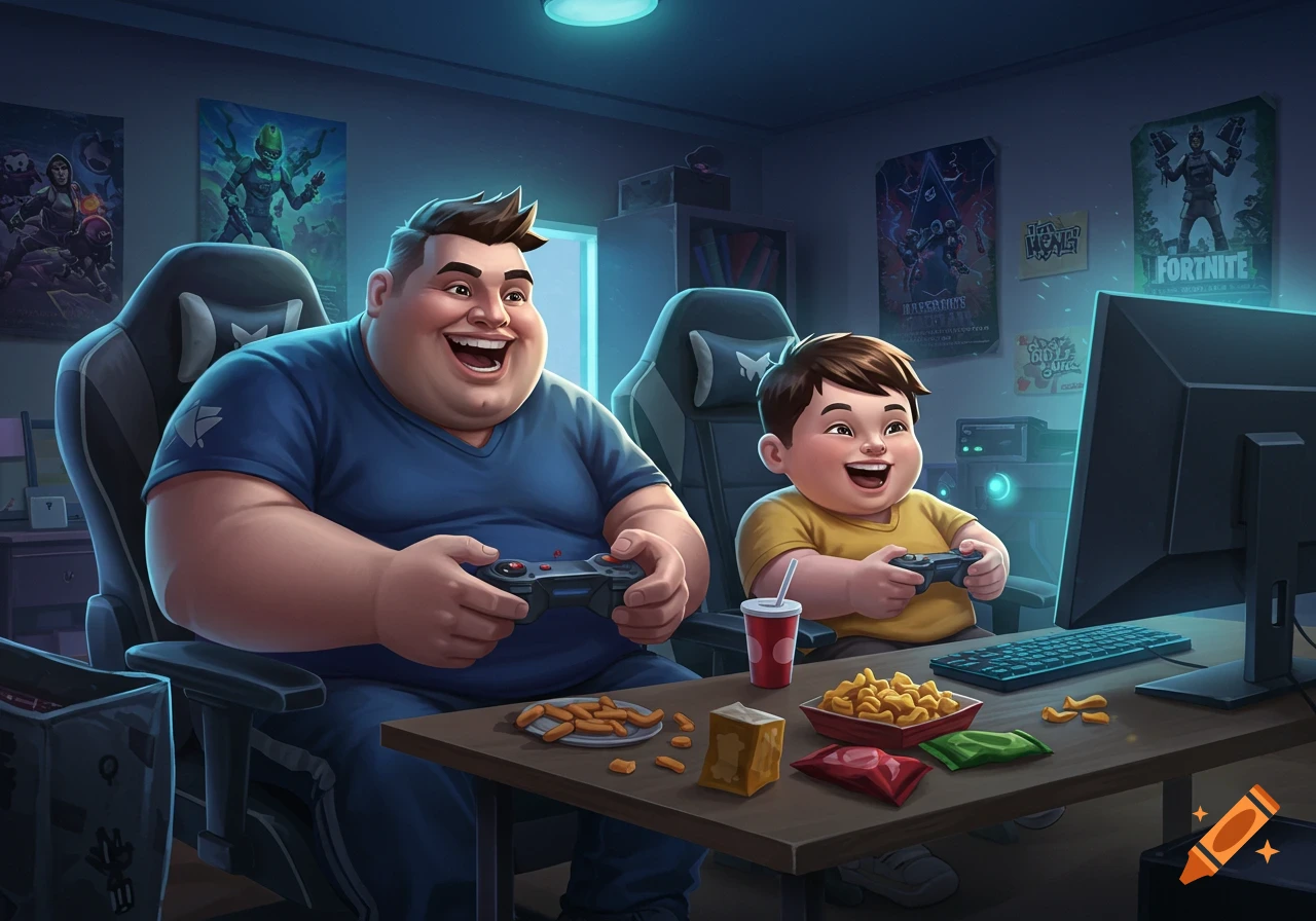 A cartoon man and boy sit in gaming chairs, playing video games and laughing in a dimly lit room with snacks and posters.