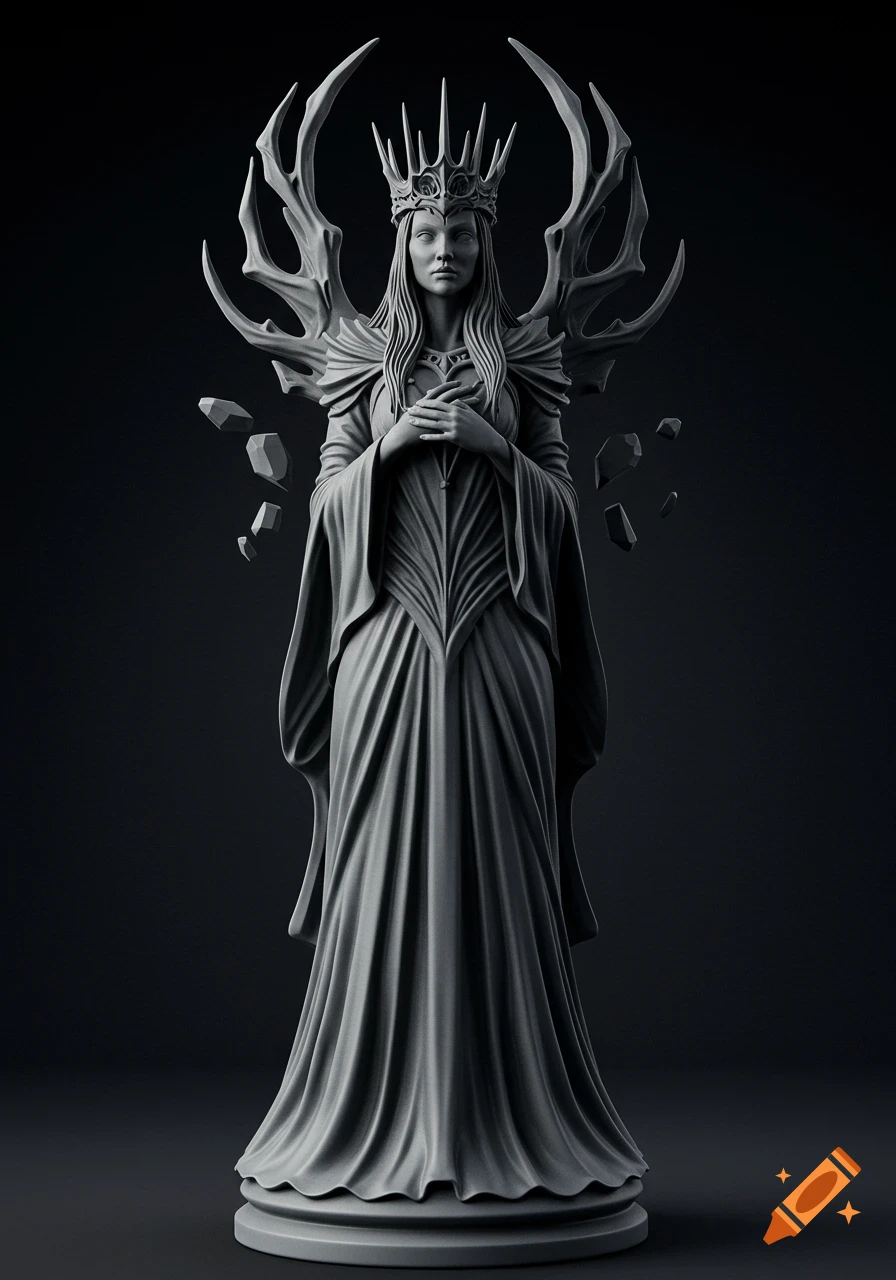 A grayscale statue of a gothic fantasy queen with a spiky crown and stylized wings, standing on a round base with floating rock fragments.