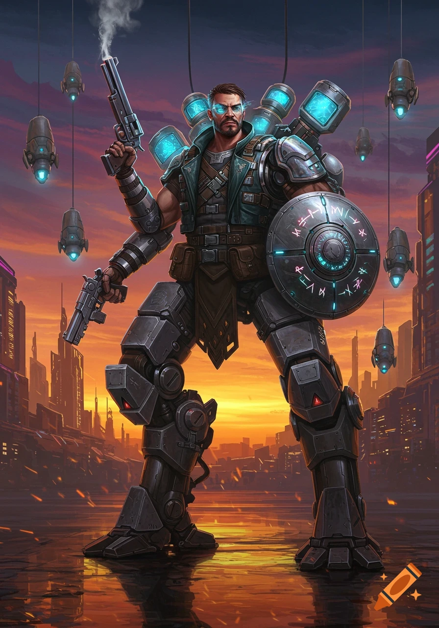A male warrior in a detailed futuristic mech suit with a glowing shield and handgun stands in a cyberpunk city at sunset.