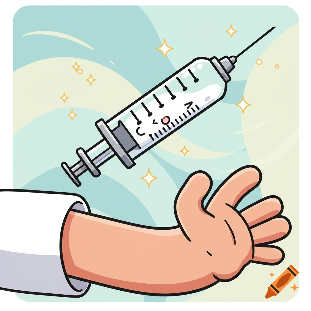 A cute cartoon syringe with a smiling face floats above a person's outstretched arm in a light blue and yellow background.