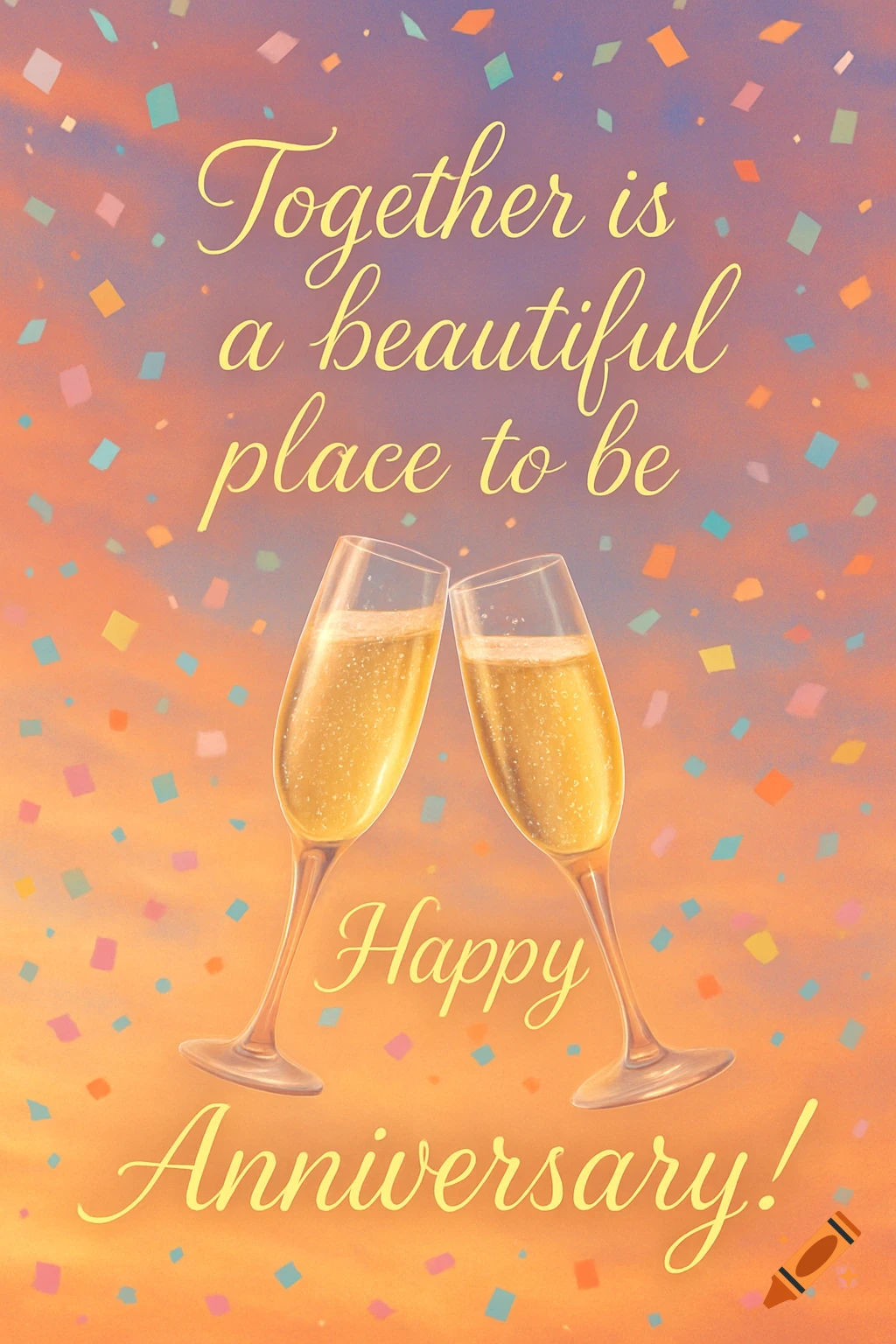 Two champagne flutes clinking against a colorful sky with confetti, text reads 'Together is a beautiful place to be Happy Anniversary!'.