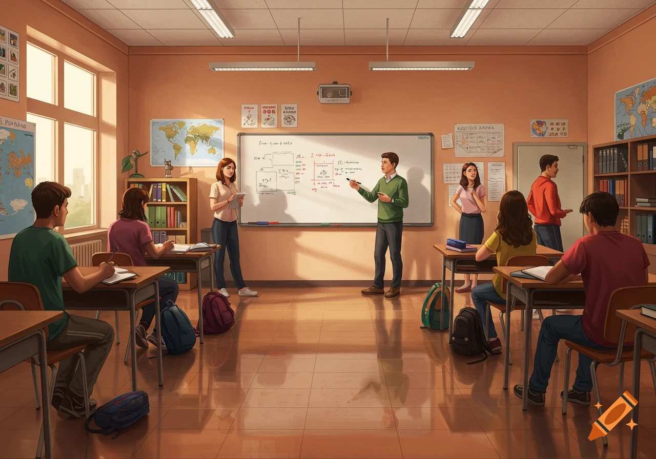 An illustration of a spacious high school classroom with peach walls, tile flooring, and a large whiteboard. Students are seated at desks while two teachers stand near the whiteboard.
